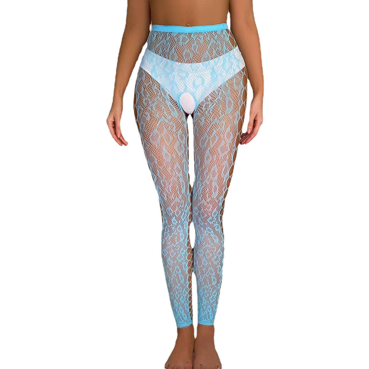 Image of Side cut-out lace open black stockings, feminine fishnet stockings, niche design pants, cropped pantyhose royal sister style